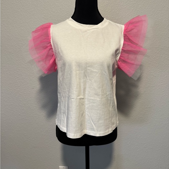 NWT White Top with Pink Tulle Sleeves - Picture 1 of 3